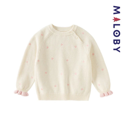 Pull en maille motifs cœurs enfant fille- Rouge / Beige