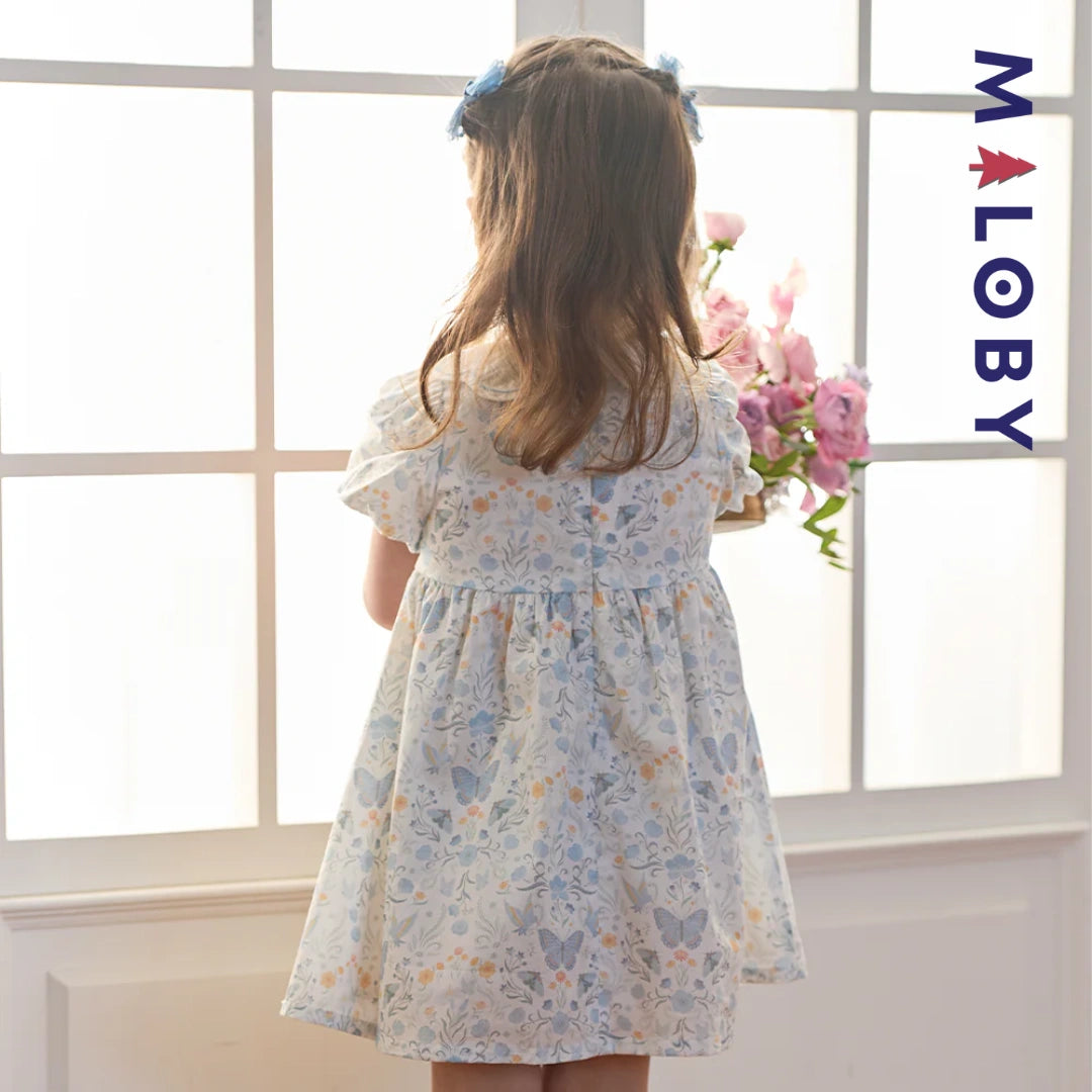 Robe fleurie col claudine enfant fille- Blanc imprimé