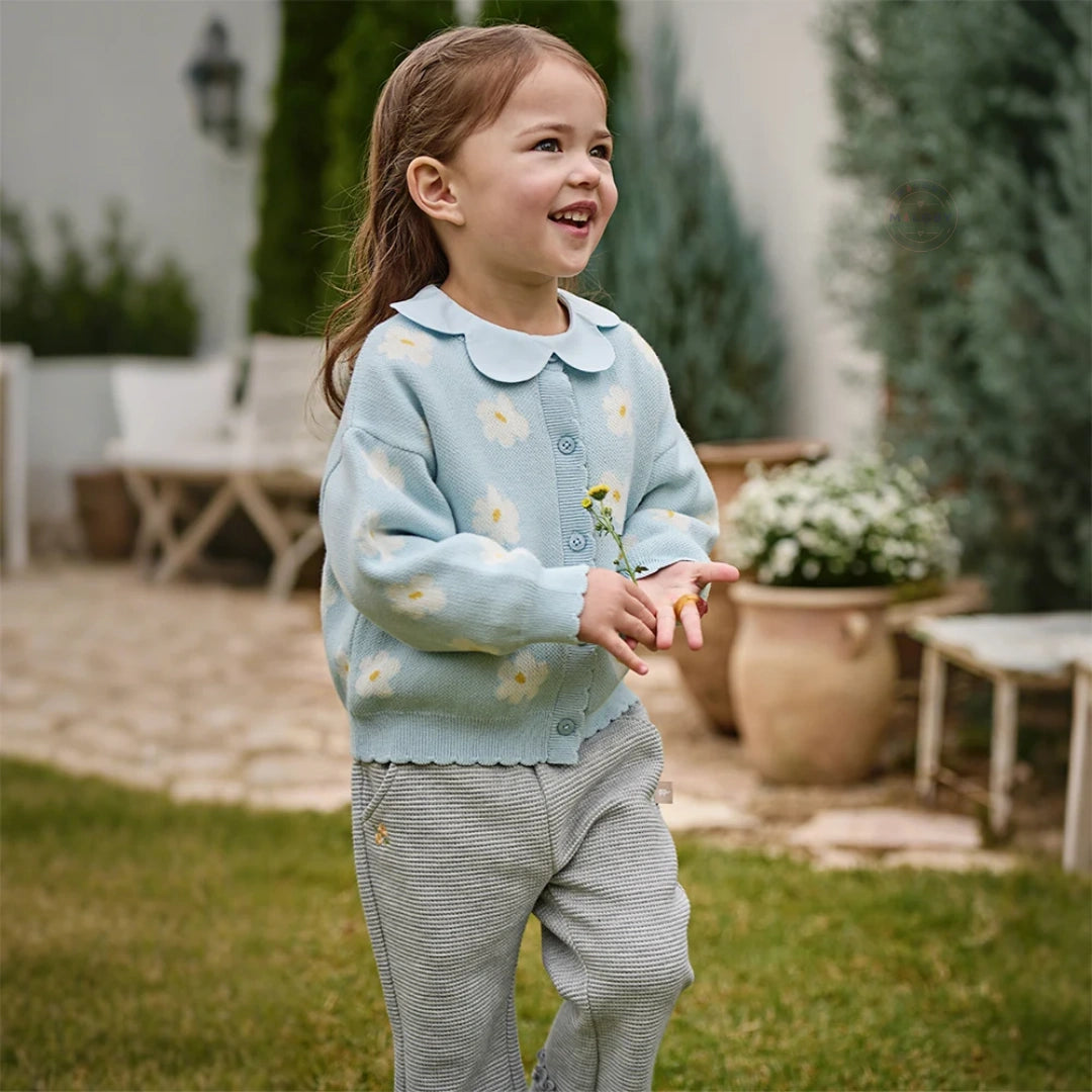 Cardigan en maille à fleurs enfant fille -Bleu ciel