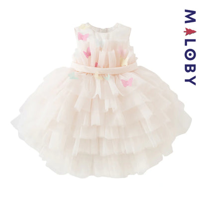 Robe de princesse d'été rose tendre , coupe trapèze, en tulle vaporeux.