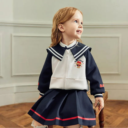 Ensemble Style Marin – Veste Zippée et Jupe Plissée enfant fille -Marine