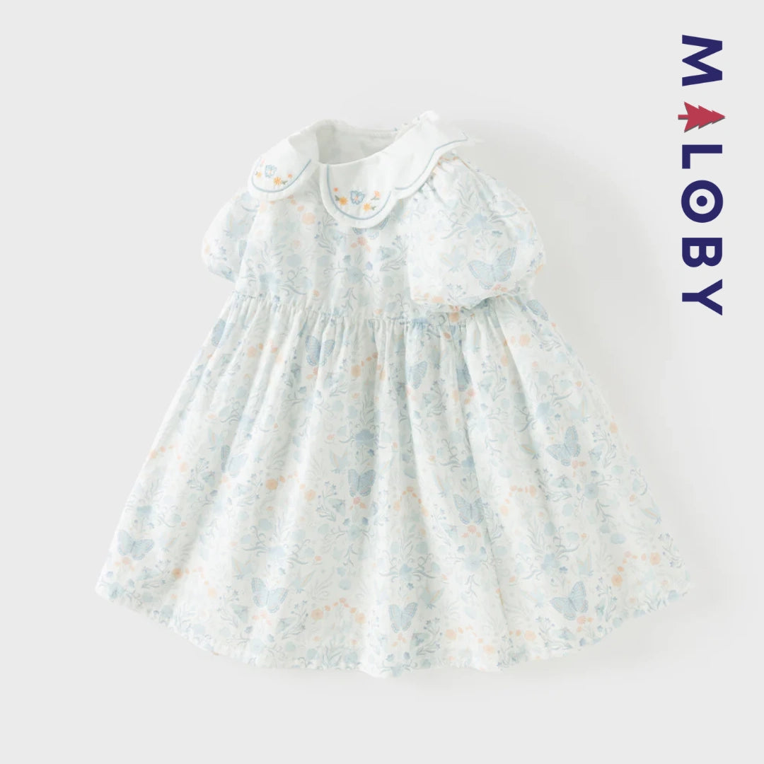 Robe fleurie col claudine enfant fille- Blanc imprimé