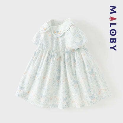 Robe fleurie col claudine enfant fille- Blanc imprimé