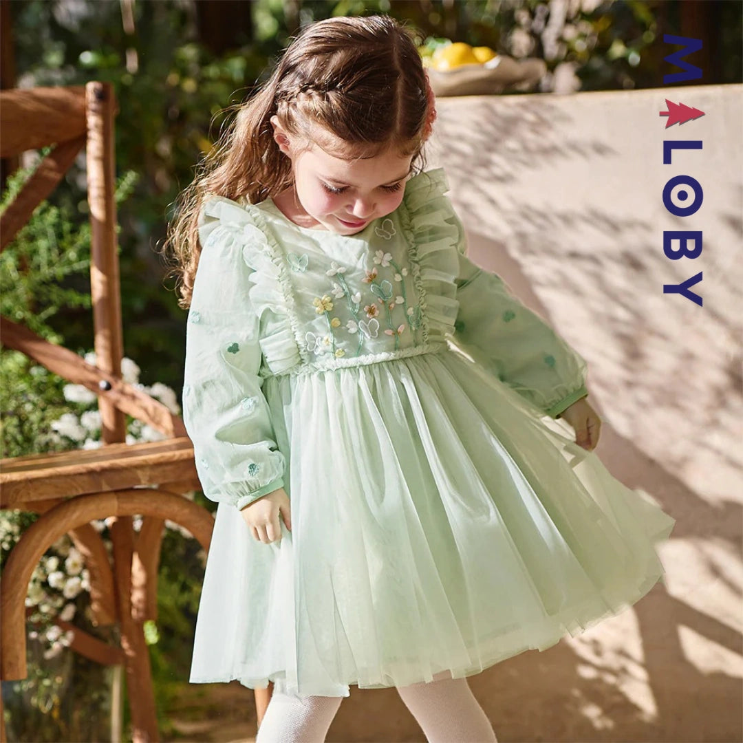 Robe cérémonie brodée fleurs enfant fille -Vert