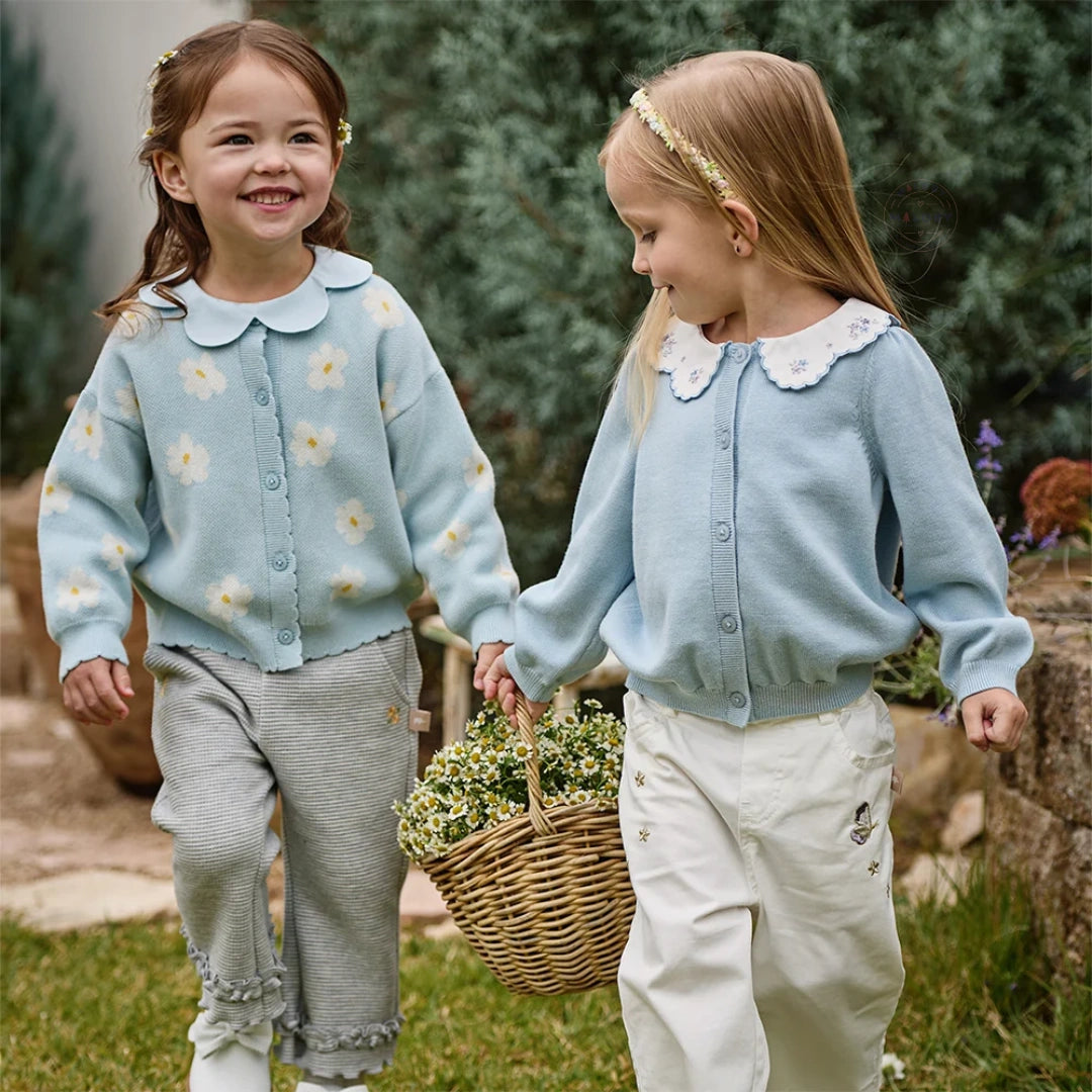 Cardigan en maille à fleurs enfant fille bleu ciel, vêtement enfant maroc - MALOBY