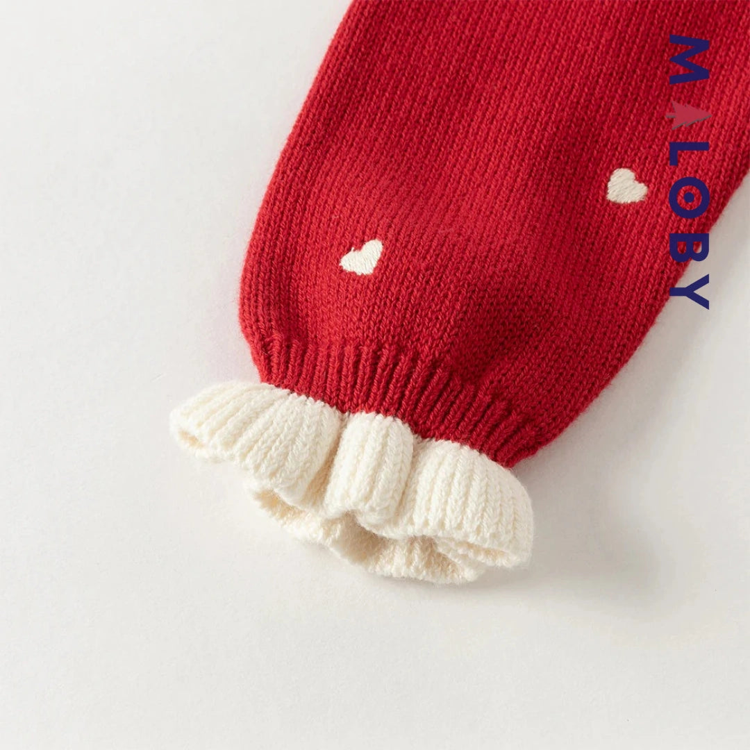 Pull en maille motifs cœurs enfant fille- Rouge / Beige