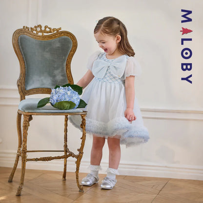 Robe princesse en tulle légère à manches courtes grise et bleue pour filles