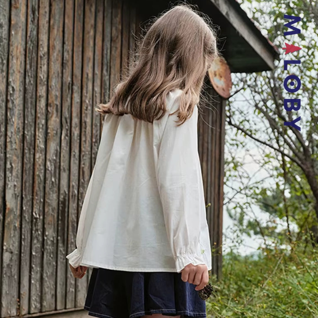 Chemise brodée en pur coton enfant fille -Beige