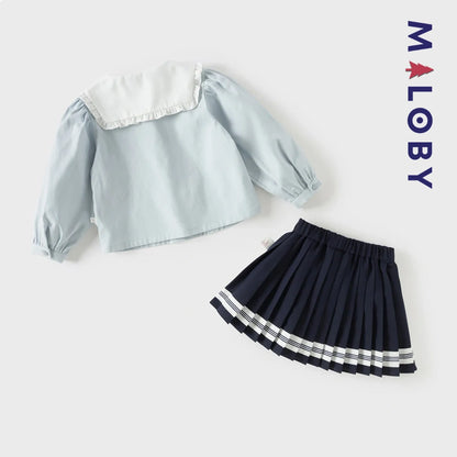 Ensemble habillé 2 pièces Chemise + Jupon plissé enfant fille -Bleu