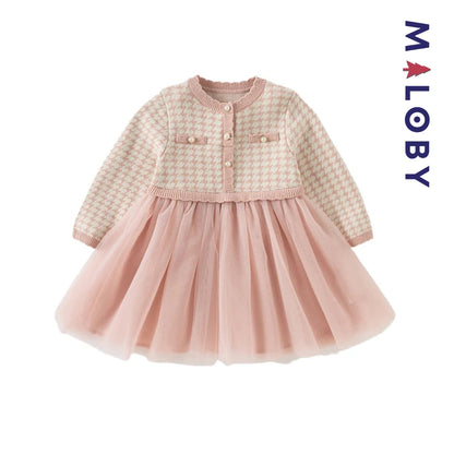 Robe à carreaux manches longues enfant fille - Rose