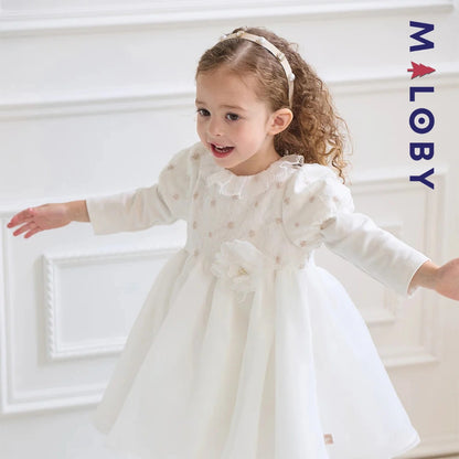 Robe cérémonie manches longues fleurettes - blanc