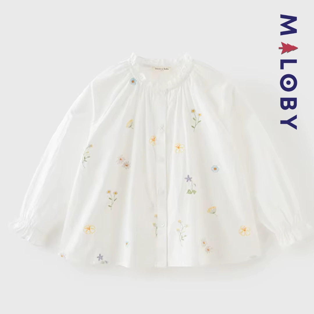 Chemise brodée en pur coton enfant fille -Beige