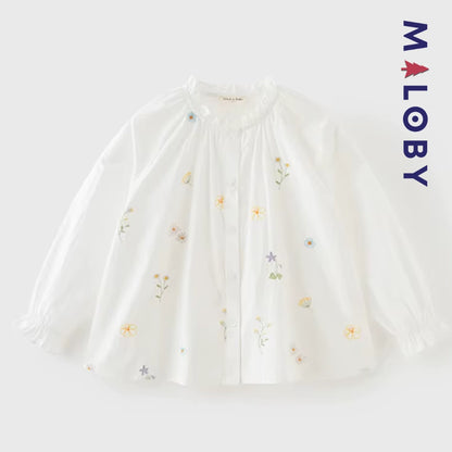 Chemise brodée en pur coton enfant fille -Beige