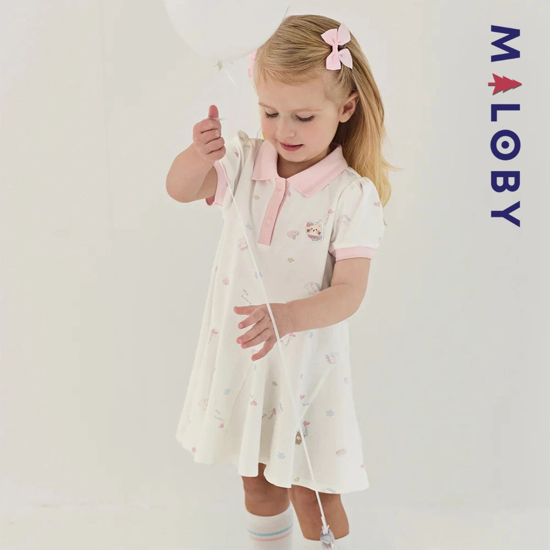 Robe polo motifs fantaisie enfant fille -Blanc/ Rose