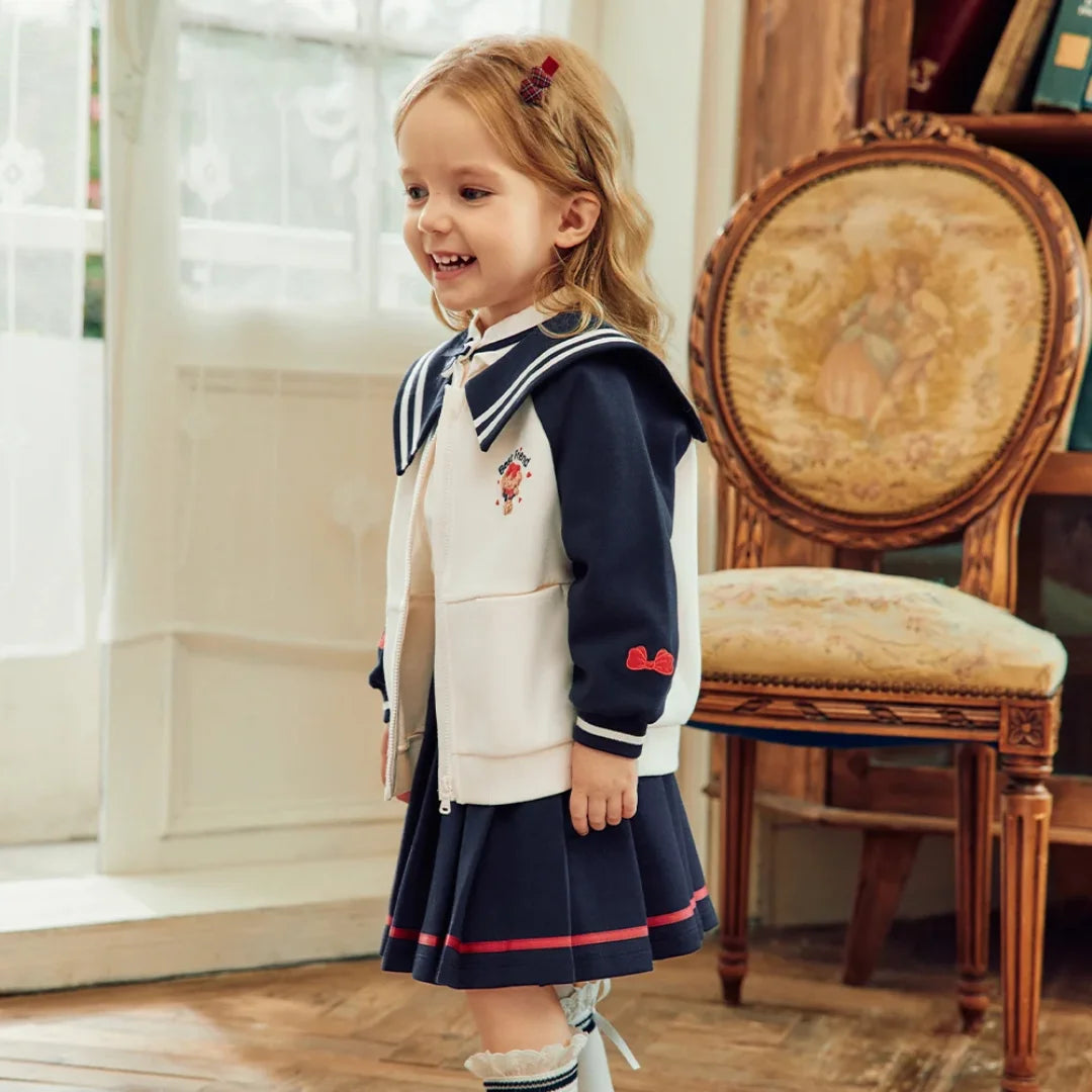 Ensemble Style Marin – Veste Zippée et Jupe Plissée enfant fille -Marine