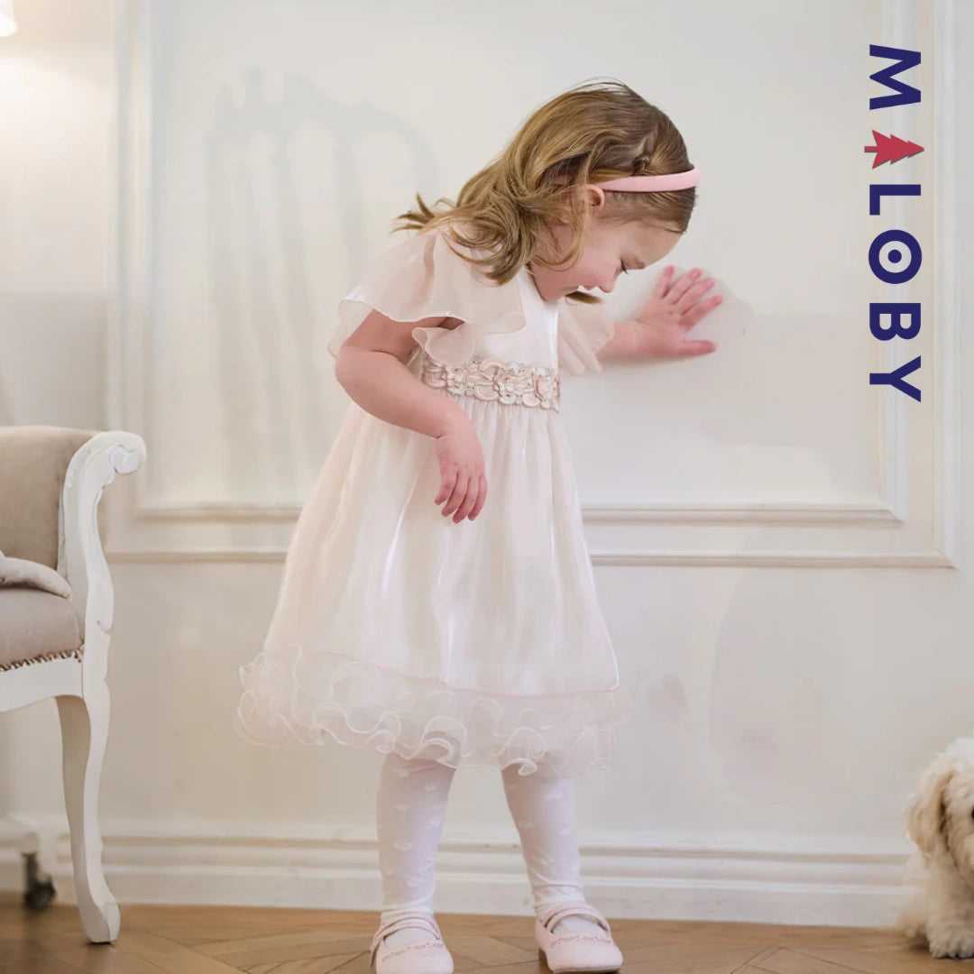 Robe cérémonie à fleurs brodées enfant fille- Rose poudré