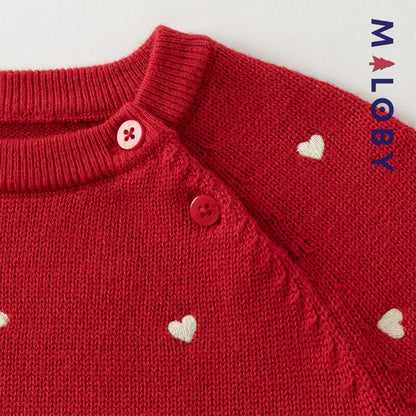 Pull en maille motifs cœurs enfant fille- Rouge / Beige