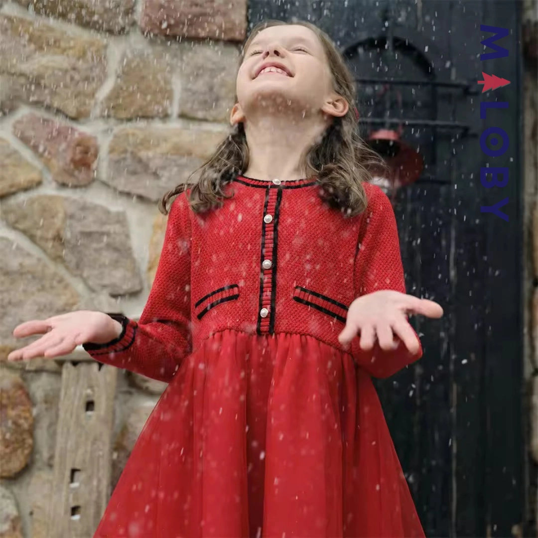 Robe habillée bi-matière enfant fille -Rouge -robes et ensembles pour filles, bébés et garcons - MALOBY
