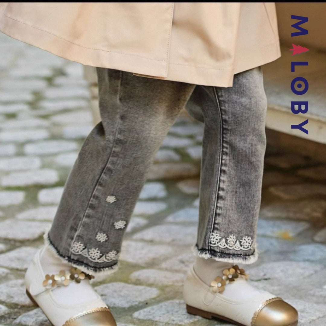 Pantalon jean évasé brodé enfant fille –Gris