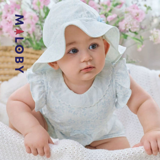 Ensemble combinaison +chapeau bébé fille - blanc/bleu -robes et ensembles pour filles, bébés et garcons - MALOBY