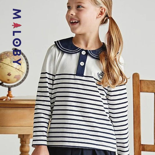 T-shirt marinière manche Longues- Blanc/Marine -robes et ensembles pour filles, bébés et garcons - MALOBY