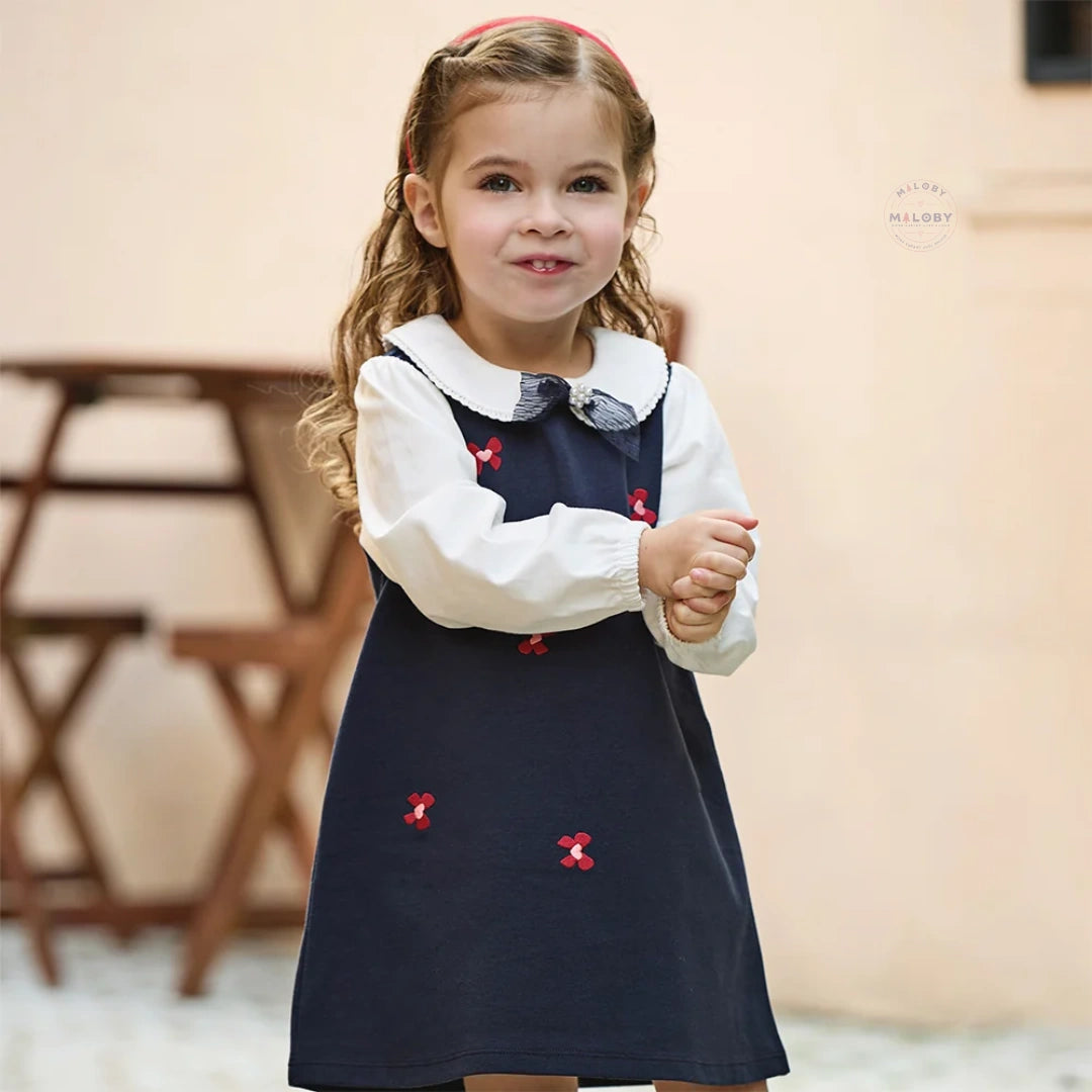 Robe bi-matière motif papillons enfant fille marine, robe fille maroc - MALOBY