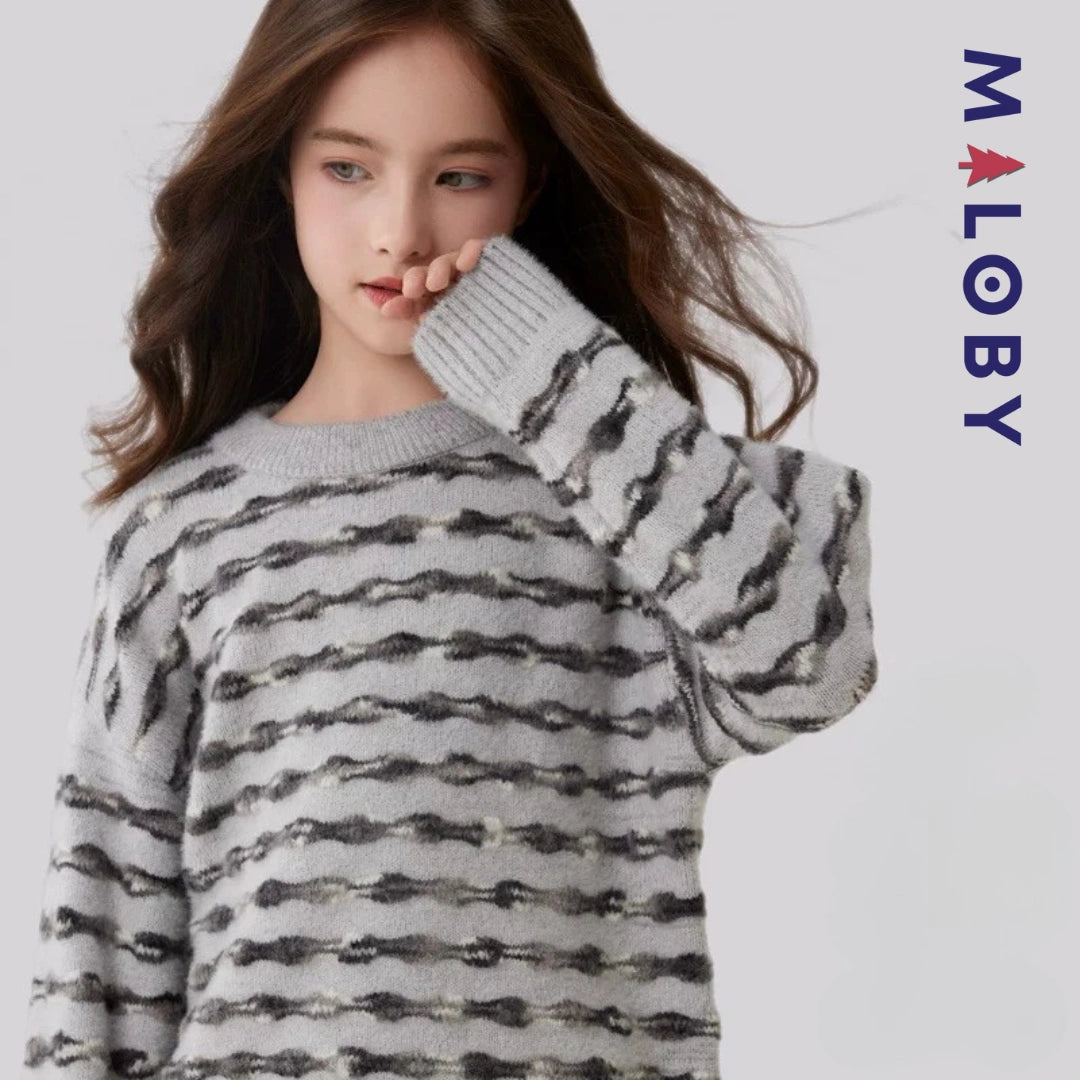 Pull en maille mousseuse enfant fille-Beige/Gris