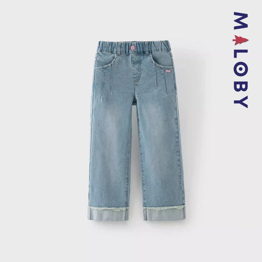 Pantalon denim avec large revers enfant fille-Bleu -robes et ensembles pour filles, bébés et garcons - MALOBY