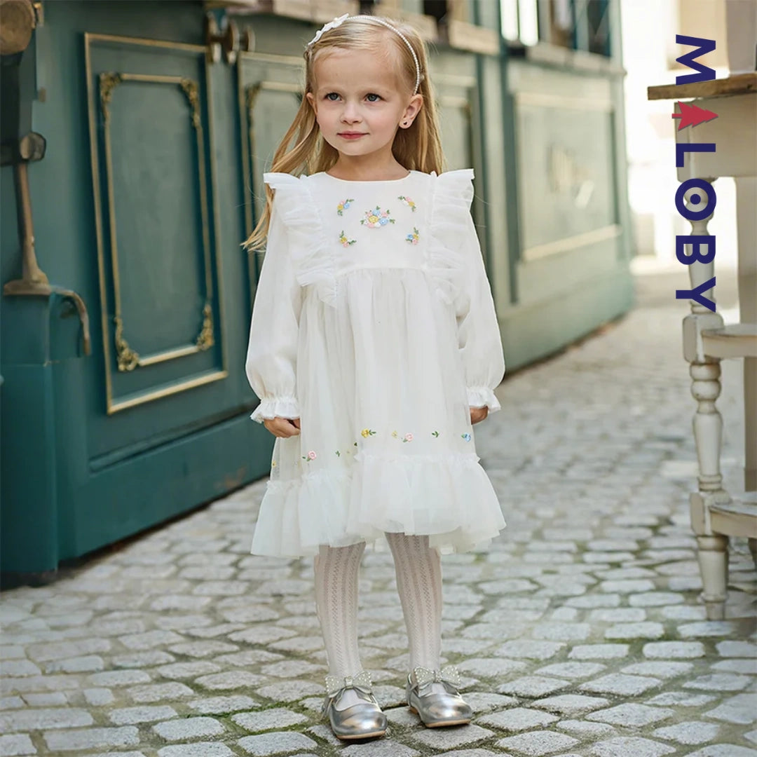 Robe cérémonie brodée fleurs enfant fille -Beige