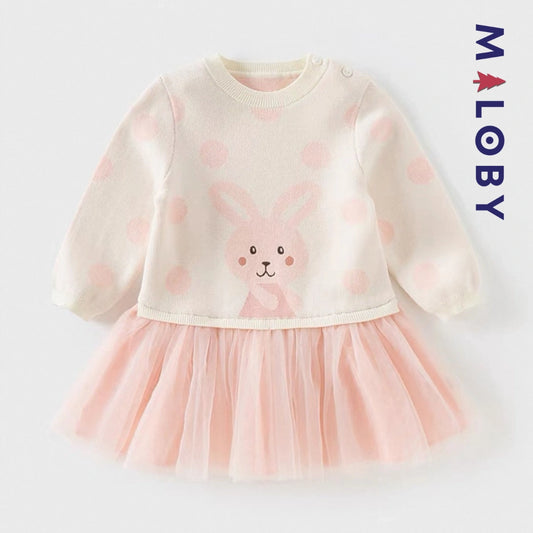 Robe bi-matière motif lapin enfant fille- rose