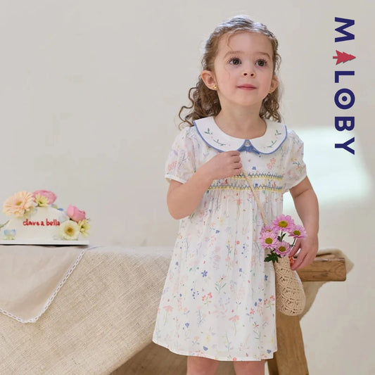 Robe à smocks fleurie enfant fille- blanc imprimé -robes et ensembles pour filles, bébés et garcons - MALOBY