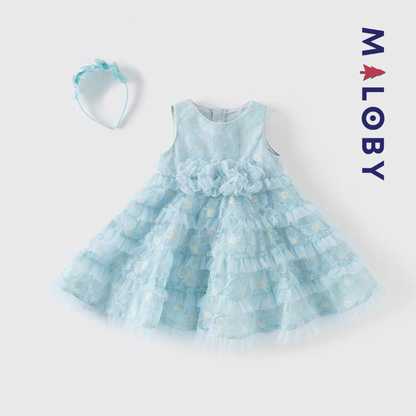 Ensemble robe de cérémonie + bandeau à volants enfant fille -Bleu ciel