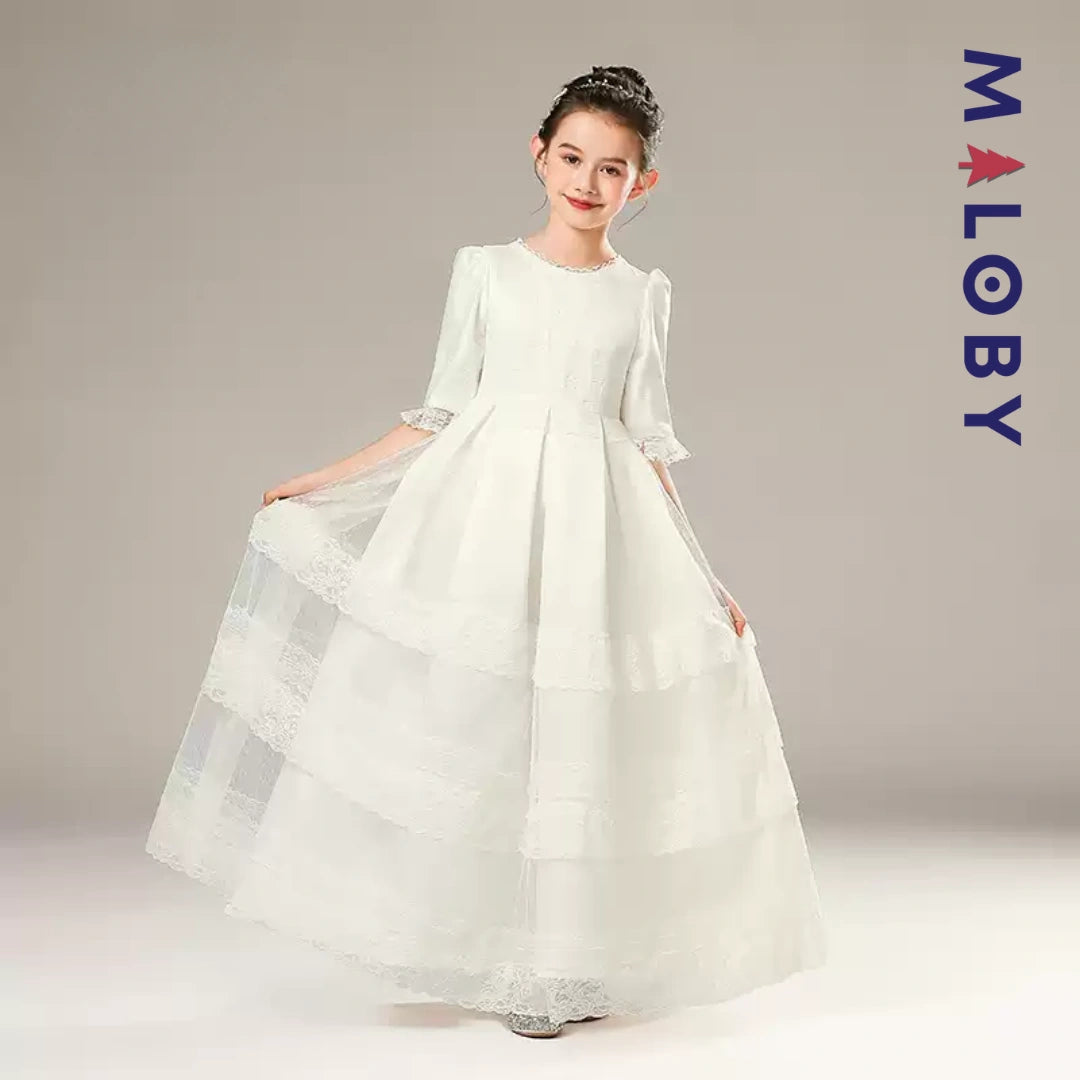 Robe longue de cérémonie en dentelle -Blanc