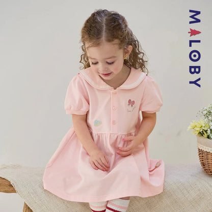 Robe manches courtes en piqué de coton enfant fille -Rose