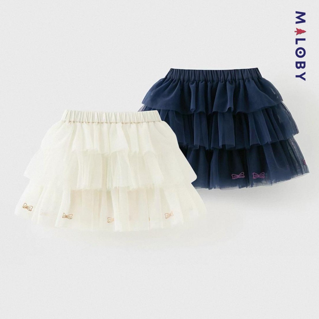 Jupe à volants en tulle pour fille, beige et marine, élégante.