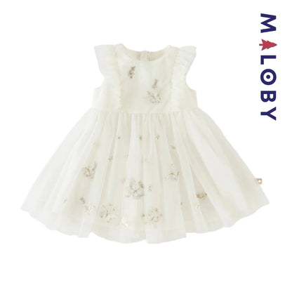 Robe cérémonie brodée manches courtes enfant fille -Beige
