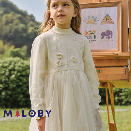 Robe en maille et en tulle effet 2 en 1 enfant fille - Beige -robes et ensembles pour filles, bébés et garcons - MALOBY