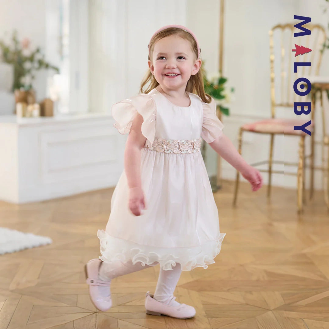 Robe cérémonie à fleurs brodées enfant fille- Rose poudré