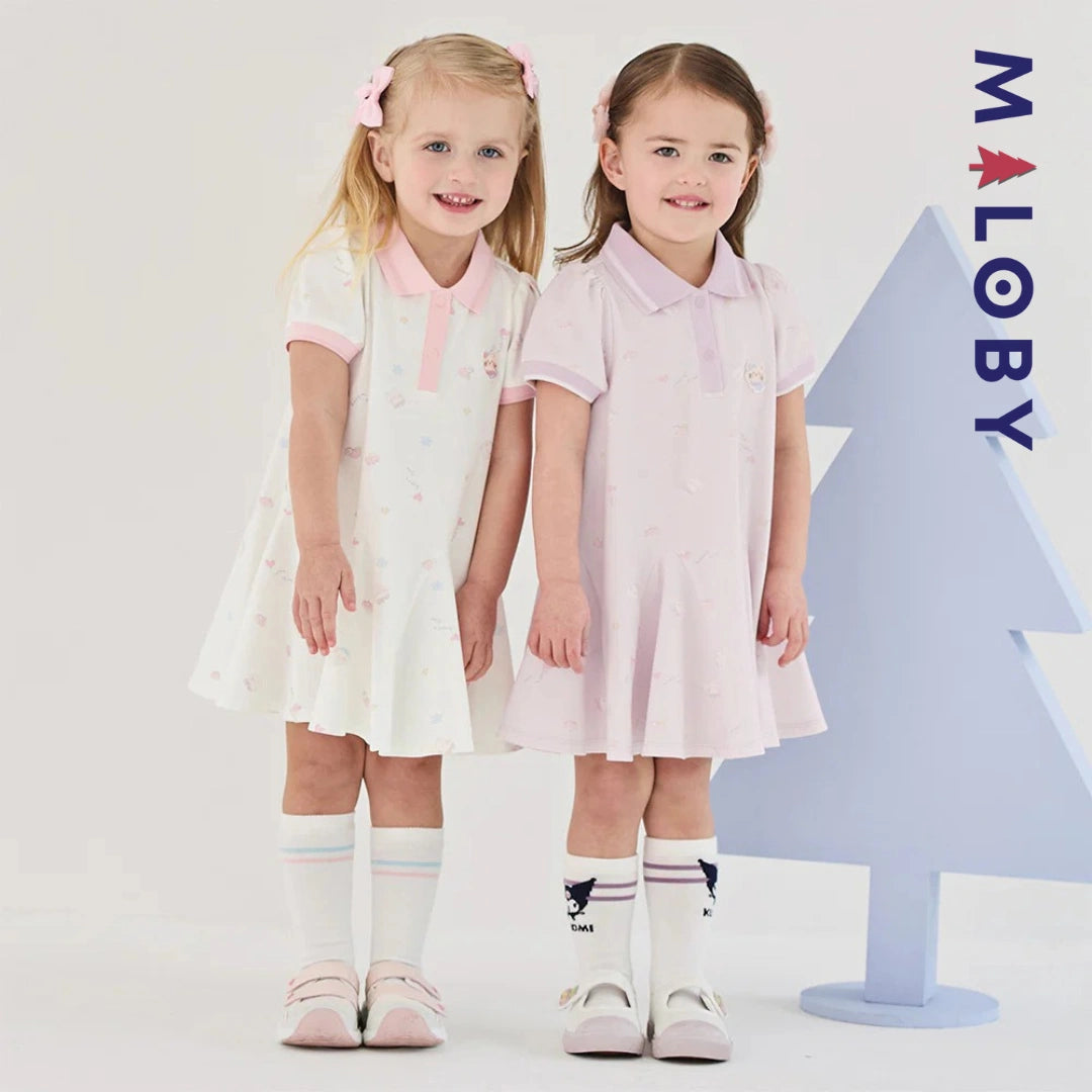Robe polo motifs fantaisie enfant fille -Blanc/ Rose