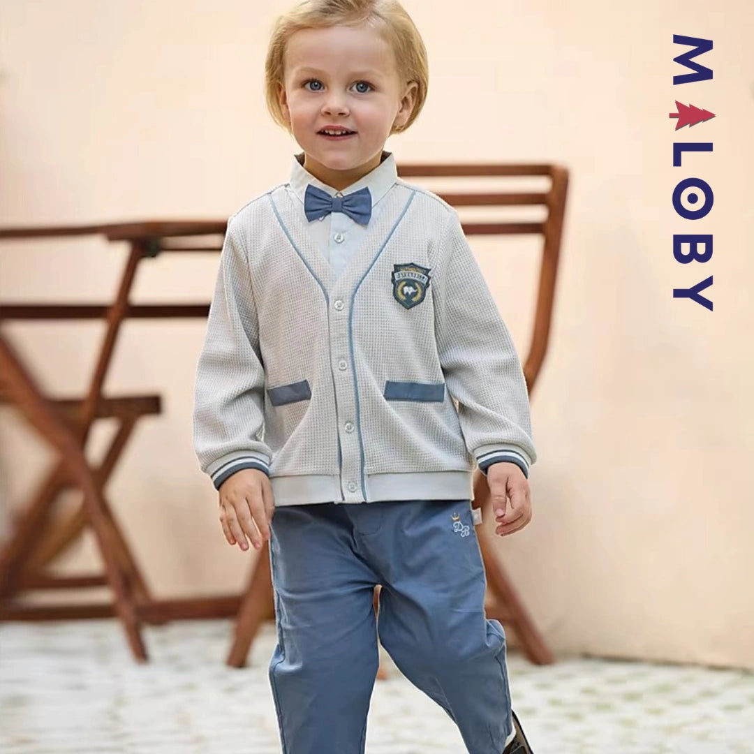 Ensemble habillé cardigan+pantalon+noeud enfant garçon -Bleu -robes et ensembles pour filles, bébés et garcons - MALOBY
