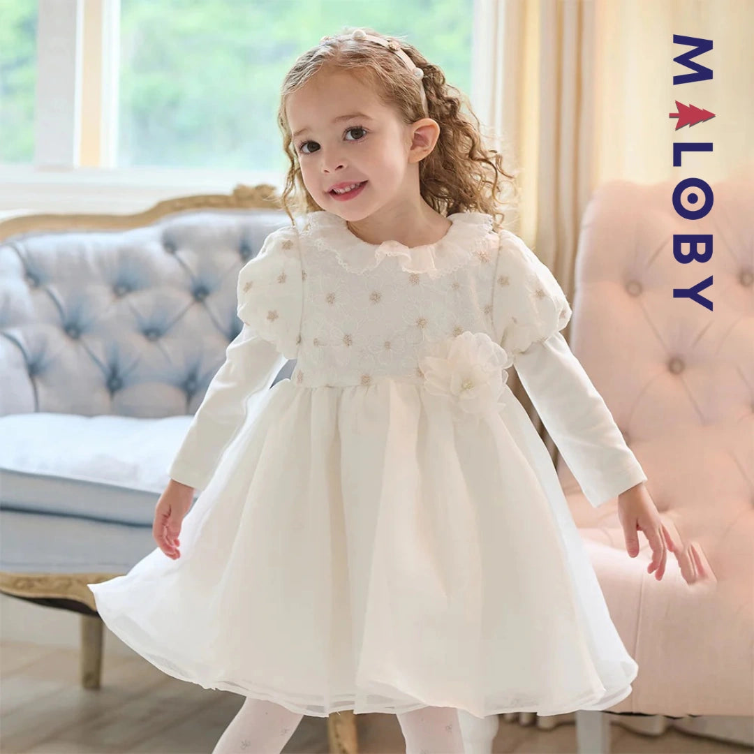 Robe cérémonie manches longues fleurettes - blanc