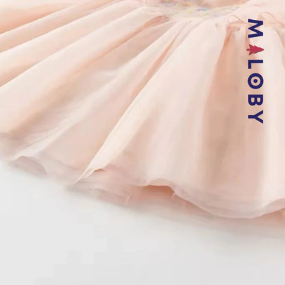 Robe de Cérémonie en Tulle à Broderie Florale 3D- Rose