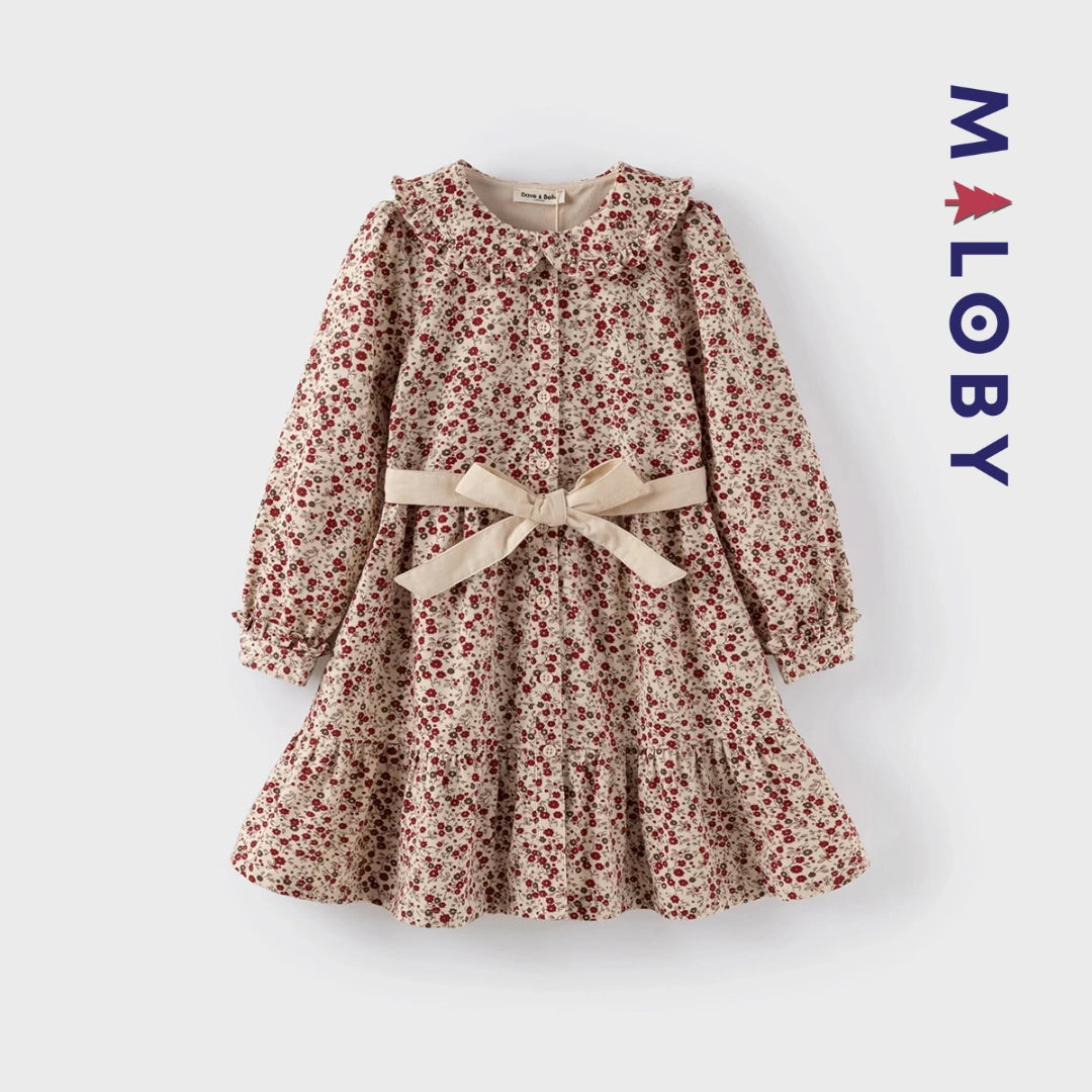 Robe en velours motifs fleuris enfant fille - Beige/Rouge imprimé -robes et ensembles pour filles, bébés et garcons - MALOBY