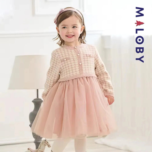 Robe à carreaux manches longues enfant fille - Rose
