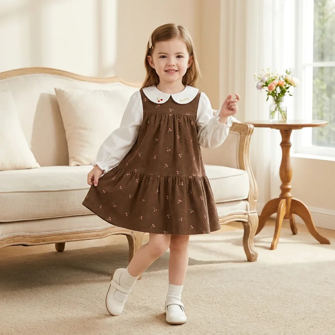 Robe en velours côtelé à imprimé cerises enfant fille –Marron