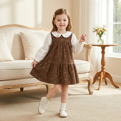 Robe en velours côtelé à imprimé cerises enfant fille –Marron