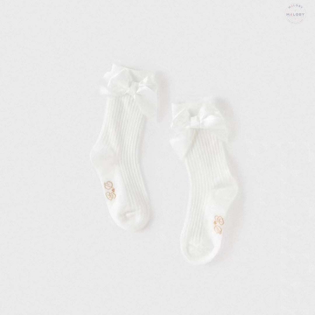 Chaussettes hautes en maille ajourée motif nœud enfant fille blanc - MALOBY