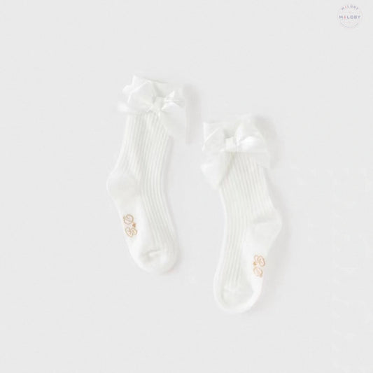 Chaussettes hautes en maille ajourée motif nœud enfant fille blanc - MALOBY