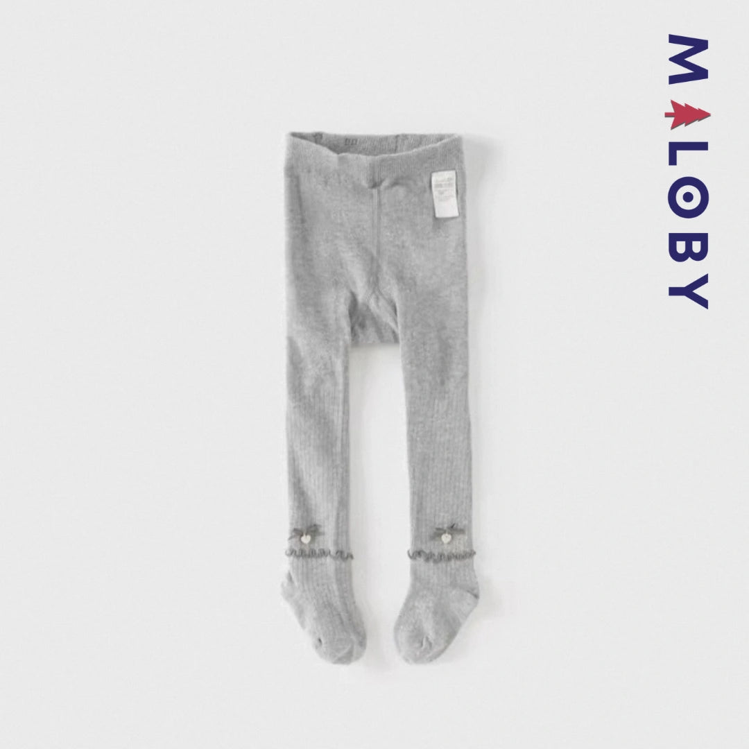 Collant côtelé avec nœud et cœur  enfant fille –Gris/Beige