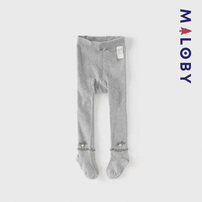Collant côtelé avec nœud et cœur  enfant fille –Gris/Beige